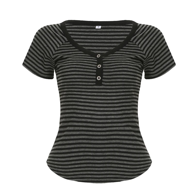 Korean Style Stripe Patchwork Women T-Shirts Short Sleeves Slim Fit Simple Causal Office Lady Clothing