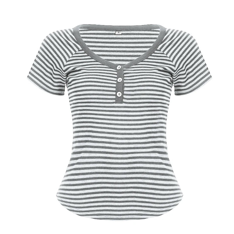 Korean Style Stripe Patchwork Women T-Shirts Short Sleeves Slim Fit Simple Causal Office Lady Clothing