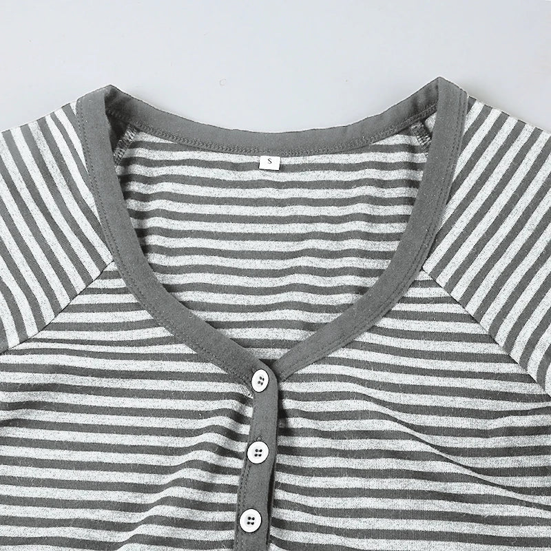 Korean Style Stripe Patchwork Women T-Shirts Short Sleeves Slim Fit Simple Causal Office Lady Clothing