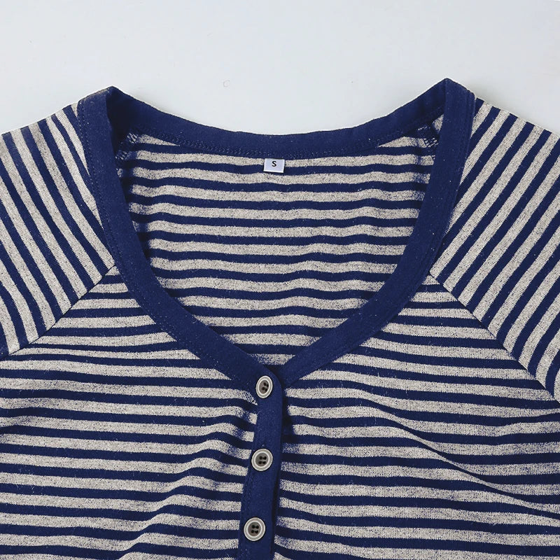 Korean Style Stripe Patchwork Women T-Shirts Short Sleeves Slim Fit Simple Causal Office Lady Clothing