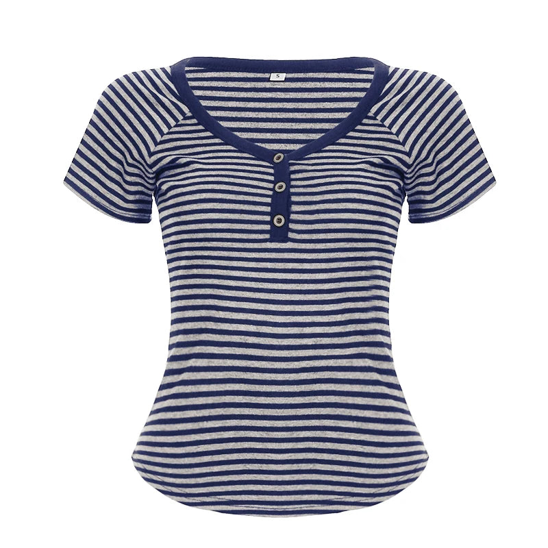Korean Style Stripe Patchwork Women T-Shirts Short Sleeves Slim Fit Simple Causal Office Lady Clothing